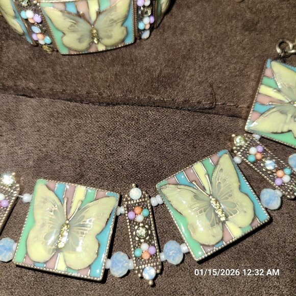 Kirks Folly 80s Enamel Butterfly Stretch Rhinestone Bracelet Panel Necklace Set - Picture 5 of 10